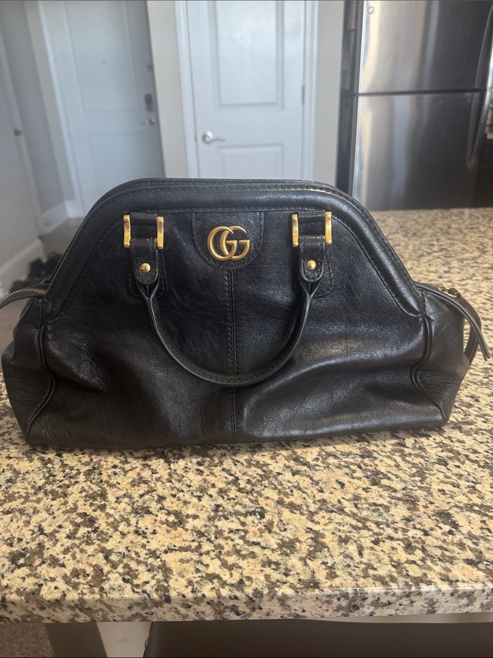 Gucci Black Leather Satchel with Gold Double G Hardware